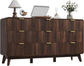 QUW Fluted 59.1" Wide Modern Dresser for Bedroom with 9 Drawers, Tall Chest of Drawers with Metal Handle, Wooden Dresser TV Stand, Hallway, Living Room, Dark Walnut