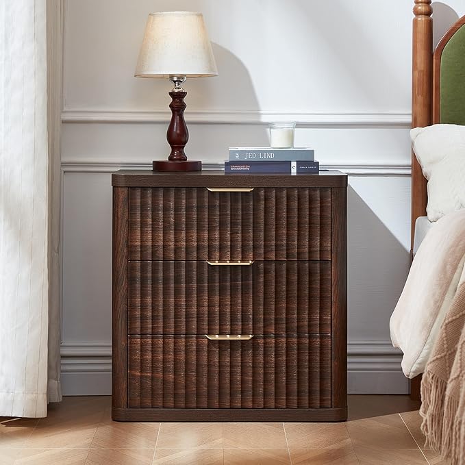 LEYAOYAO 23" Wide Fluted Night Stand with Charging Station, 3 Drawers Large End Table with Storage, Walnut Nightstand Wood Bedside Tables, Farmhouse Cabinet Dresser for Bedroom, Closet
