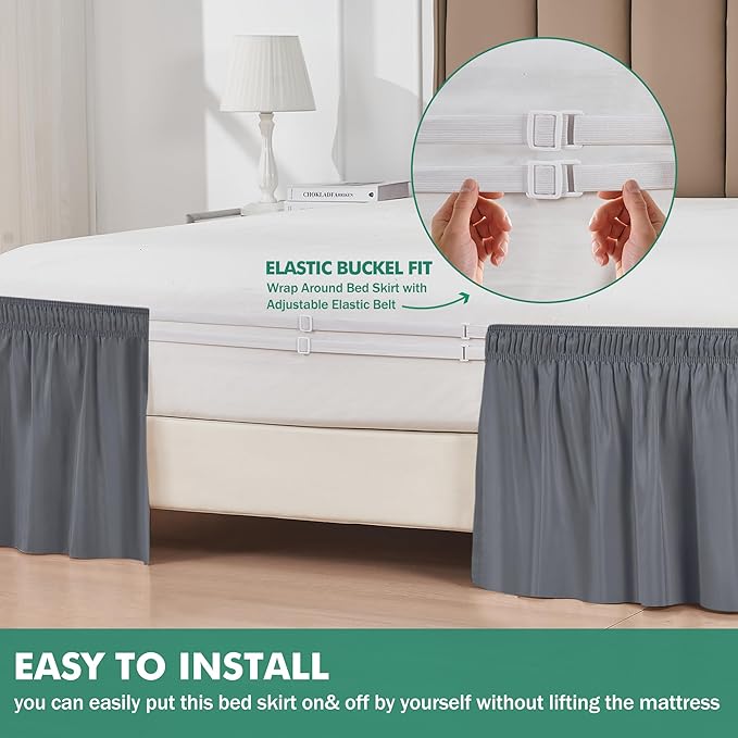 Biscaynebay Wrap Around Bed Skirts with Split Corners for Full Beds 14" Drop, Dark Grey Elastic Dust Ruffles Adjustable Easy Fit Wrinkle & Fade Resistant Silky Luxurious Fabric Machine Washable