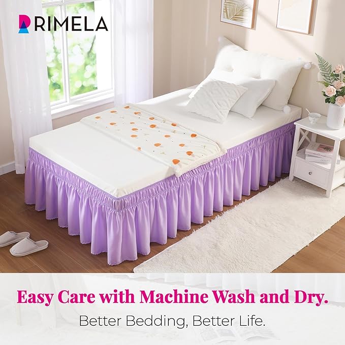 RIMELA Lilac Purple Bed Skirt Twin Size 15 Inch Drop, Elastic Bed Skirting for Bed Base and Frame, Bedding Dust Ruffle Easy to Install, Lightweight Wrap Around Adjustable Bedskirt