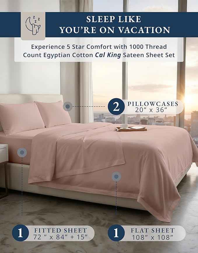 LANE LINEN Luxury 100% Egyptian Cotton Sheets California King Bed Set - 1000 Thread Count, Oeko-Tex Certified No Pill Fade Resistant Machine Washable Cotton Cooling Cal King Sheet Set- Sepia Rose