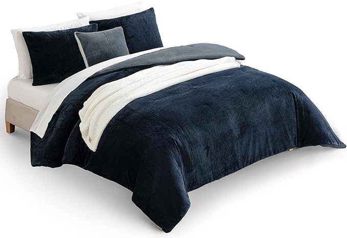 UGG Full/Queen Comforter Set 5 Piece Bed in a Bag with Throw Blanket, Decorative Pillow, Shams, Reversible Hypoallergenic Washable Luxury Warm Fluffy Bedding Set, Navy Blue (Remina)