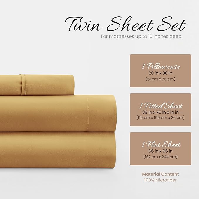 Linen Market Brushed Microfiber Twin Sheet Set 3 Piece – Oeko-TEX Certified Ultra Soft & Wrinkle-Free - 16" Deep Pocket Sheets - Easy Care Twin Size - Gold