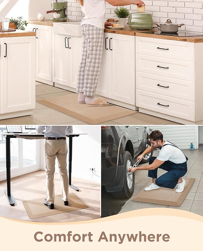 Ophanie Kitchen Mats for Floor, 3/4 Inch Thick Kitchen Rugs, 20''x39'' Anti Fatigue Standing Cushioned Mat, Waterproof,Comfort Ergonomic Mat for Office, Home, Sink, Beige Non-Slip Bottom