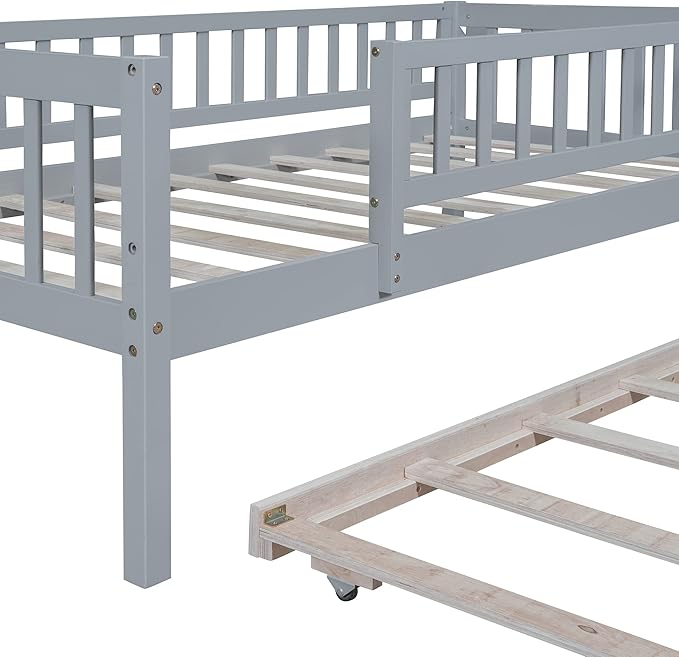 Bellemave Twin Kids Bed Frames with Rails for Kids, Twin daybed with Trundle for Boys/Girls/Adults，Gray