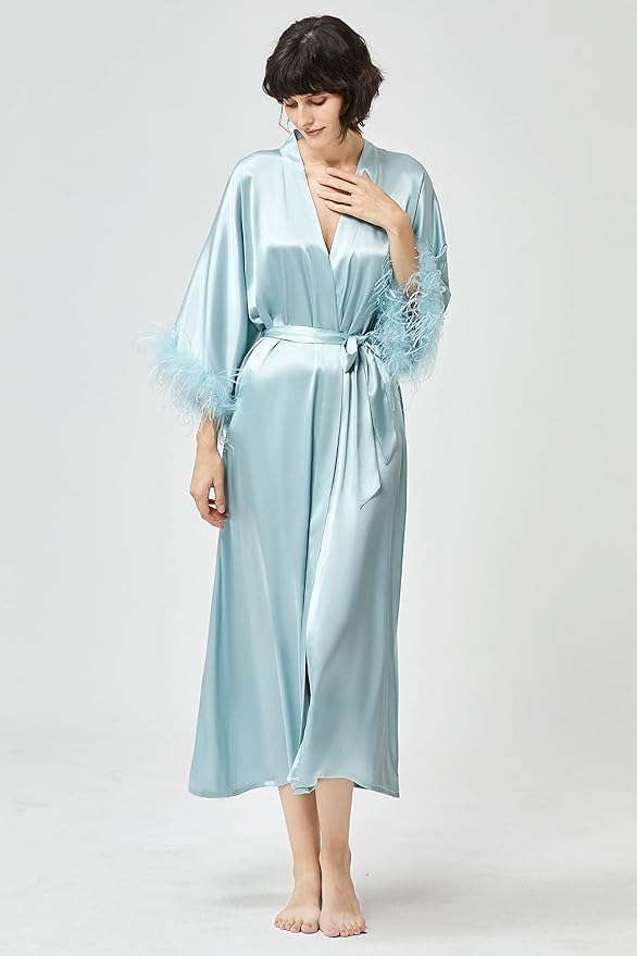 PRODESIGN Satin Kimono Robe Long Silky Bathrobe with Ostrich Feather Trim Sleepwear Wedding Bridesmaid Dressing Gown