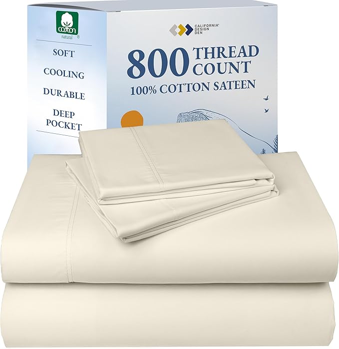 California Design Den Luxury King Bed Sheets Set - Buttery Soft 800 Thread Count Sateen, 100% Cotton Bed Sheets Set - Deep Pockets, Durable Bedding - Ivory (Cream Tone)