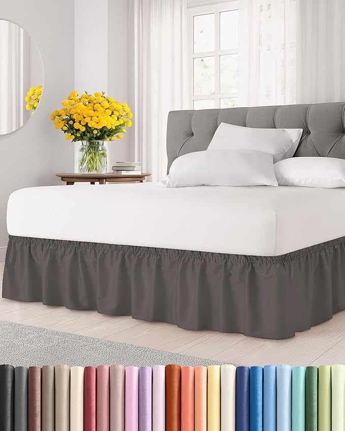 Wrap Around Dust Ruffle Bed Skirt - Dark Grey - for King Size Beds with 24 Inch Drop - Elastic Strap - Adjustable Pleated Bedskirt with Brushed Fabric and Wrinkle Free - for Women, Men, Kids & Teens