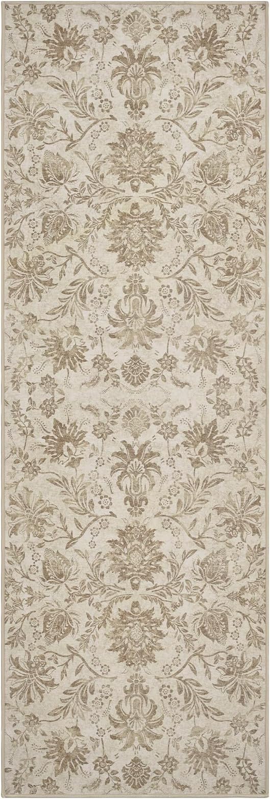 jinchan Torino Runner Rugs 3x10, Vintage-Inspired Floral Neutral Design Machine Washable Non-Slip Ultra-Thin Low-Pile Rubber Backing Traditional Rug for Kitchen Hallway Laundry Room Entryway Taupe