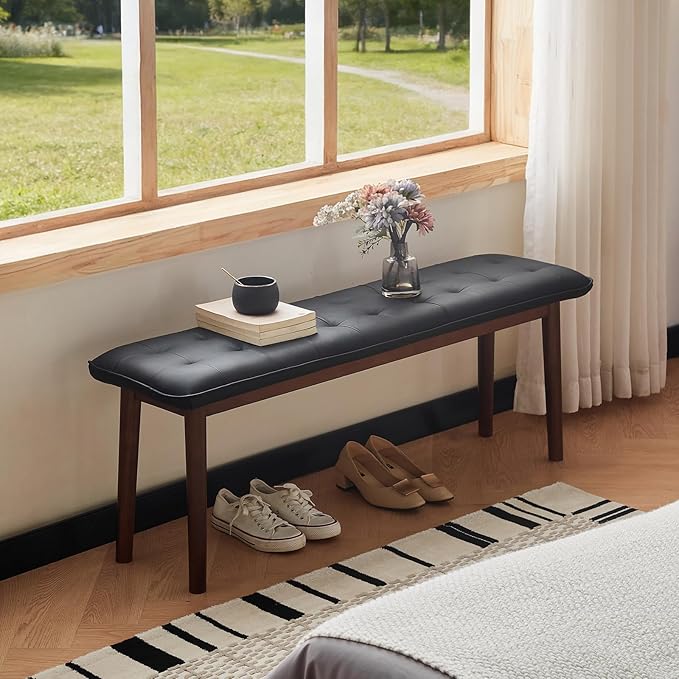 47'' Solid Wood Dining Bench with Cushion, Faux Leather Upholstered Bench for Dining Room Table, Kitchen, Entryway, or Bedroom End of Bed, Black