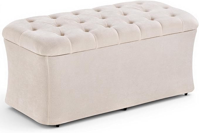 ONBRILL Storage Ottoman Bench, End of Bed Bench, 39.8 x 18.1 x 17.7 Inches Pouf Ottoman Foot Rest, Storage Benches Chest for Bedroom Entryway Living Room, Max 330 lbs, Beige