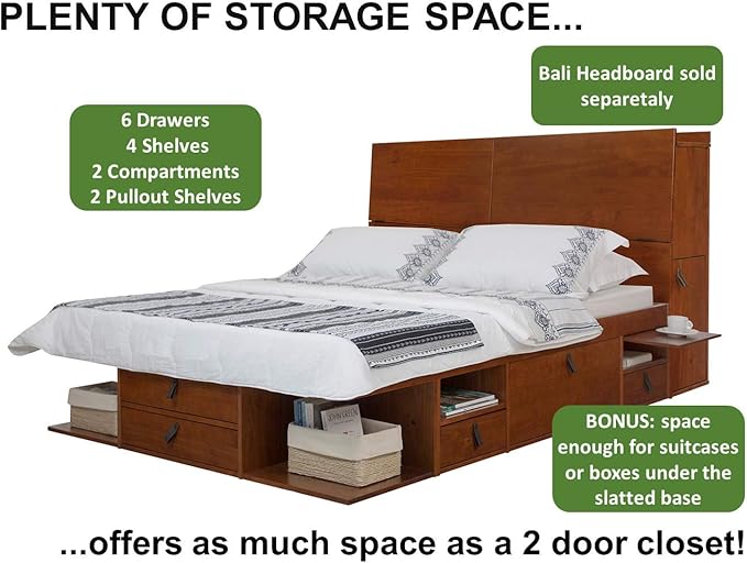 memomad Bali Storage Platform Bed with Drawers (Queen Size, Caramel Brown Wood)