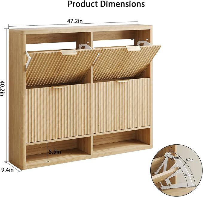 Fluted Shoe Cabinet Storage with 4 Flip Drawers, Narrow Shoe Storage Organizer for Entryway, Hidden Slim Wooden Shoe Rack Cabinet for Front Door Entrance, Hallway, Living Room (4-Drawer, Oak)
