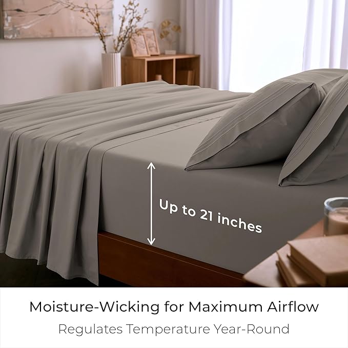 Mellanni King Sheet Set - 6-Piece Iconic Collection Bedding, (Including 4 Pillowcases), 21-Inch Extra Deep Pocket, Easy Care, Ultra Soft, Cooling Sheets, Brushed Microfiber - Tan
