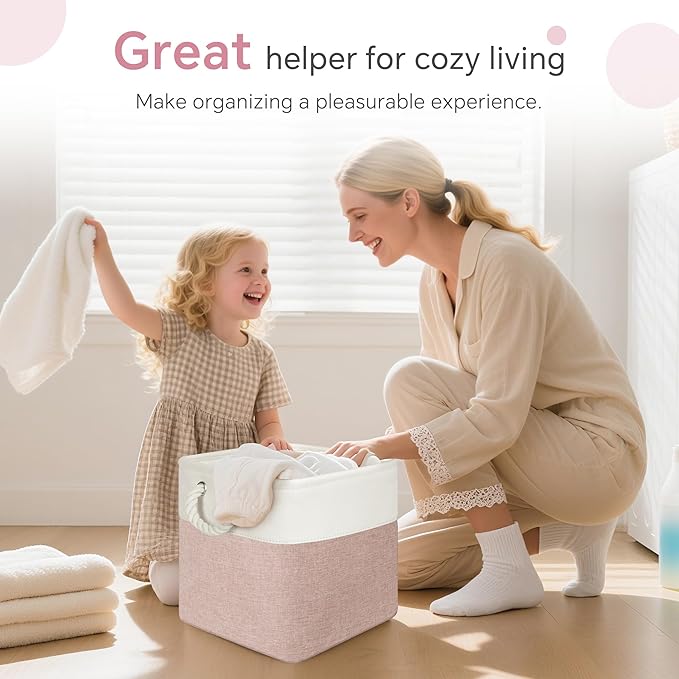 Cube Storage Bins, 6 Pack 11x11 inch with Cotton Handles for Closet, Shelves, Clothes, Towel (White/Pink)