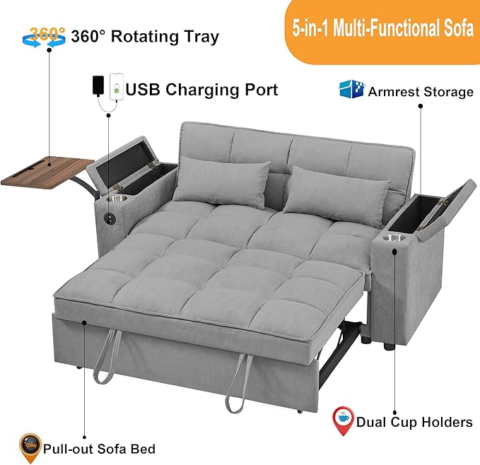 65'' Convertible Sofa Bed 3-in-1 Pull Out Couch, Folding Sleeper Sofa with 360° Swivel Side Table, Modern Chenille Fabric Futon, Small Space Living Room Furniture, Easy Assembly