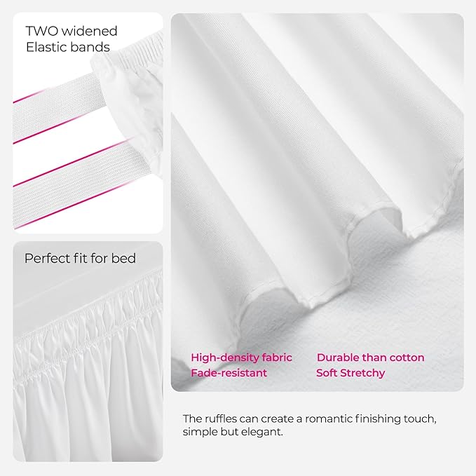 RIMELA Dorm Bed Skirt Twin XL 32 Inch Drop, Easy to Install Extra Long Wrap Around Elastic Dust Ruffle, White Bedskirt Solid Silky Fabric Machine Washable (Twin XL 80“L x 39”W & Twin 75“L x 39”W)