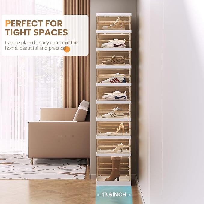 Shoe Rack Organizer for Closet Entryway Foldable Sneaker Storage Shoe, Collapsible Shoe Cabinet, Stackable Shoe Storage Cabinet with Lids for Living Room (9 Tiers -18 Pairs Transparent)