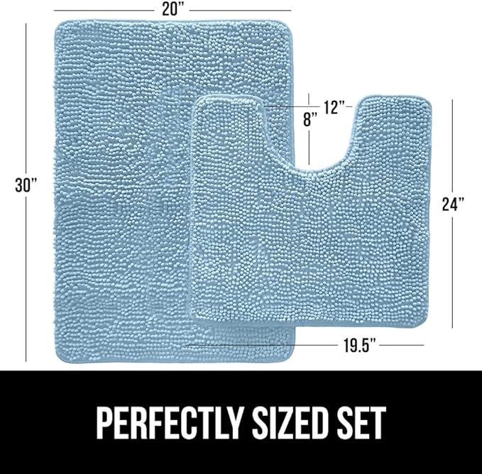 GORILLA GRIP Bathroom Rug Sets, Soft Chenille 2 Piece Area Rugs Set, Toilet Base Mat and 30x20 Carpet, Absorbent Microfiber Washable Mats Dry Quickly, Home Décor and Bath Room Accessories, Sky