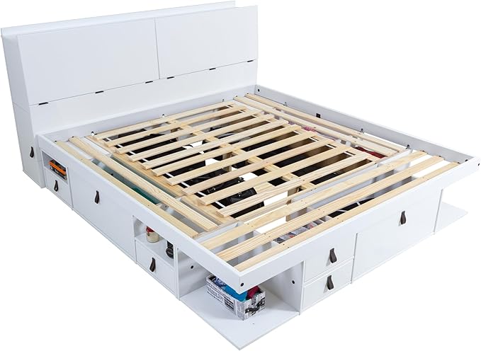 memomad Bali Set: Storage Platform Bed with Drawers + Bookcase Headboard (King Size, White Wood)