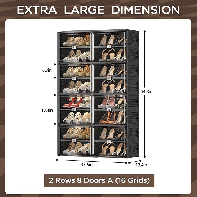 Black Shoe Rack Organizer Cabinet for Closet Entryway,Clear Shoe Storage Boxes Stackable Sneaker Storage with Door Easy Assembly Shoe Cabinet with Lids Large 8 Tiers 32 Pairs