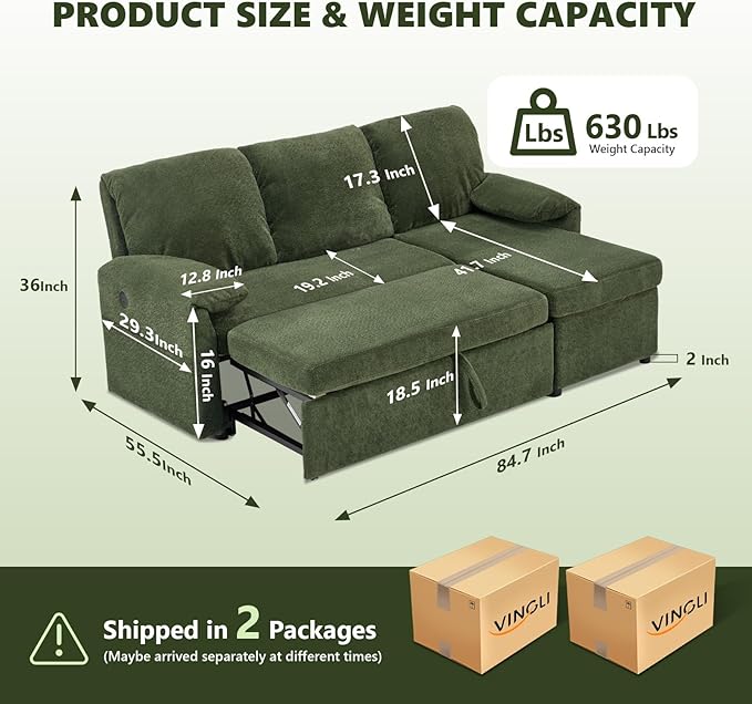 VINGLI Convertible Sofa Bed Couches for Living Room, Sleeper Sofa with Pull Out Couch Bed, Cloud-Like Plush Fleece L-Shape Sectional Couch with Storage Chaise, USB Charging, Side Pockets (Green)