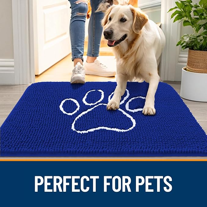 OLANLY Dog Door Mat for Muddy Paws 30x20, Paw Print Design, Absorbs Moisture and Dirt, Non-Slip Washable Doormat, Quick Dry Chenille Mud Mat for Dogs, Entry Indoor Entryway Carpet, Royal Blue