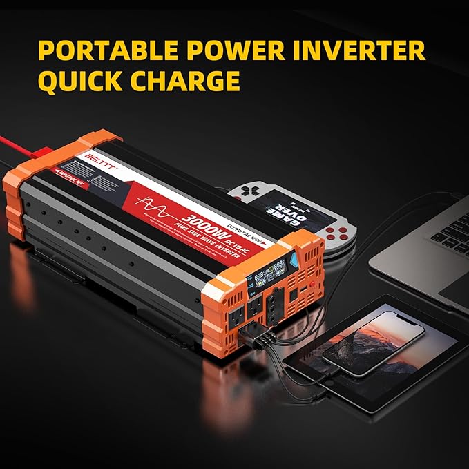 BELTTT 3000W Pure Sine Wave Inverter 12V DC to 120V AC for RV, Truck, Off-Grid, Home, Solar Car Power Inverter with Dual AC, 20A Socket, 5V 2.1A USB, Hardwire Port, Remote Controller 23Ft Cable