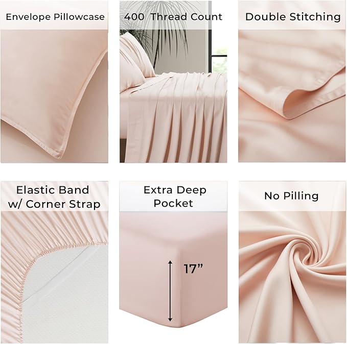Luxury Bamboo Market | Queen Size Bed Sheet Set | 100% Viscose Made from Bamboo | Organically Grown | Ultra Soft | Cooling Sheets for Hot Sleepers | 17" Deep Pocket [Vintage Pink]