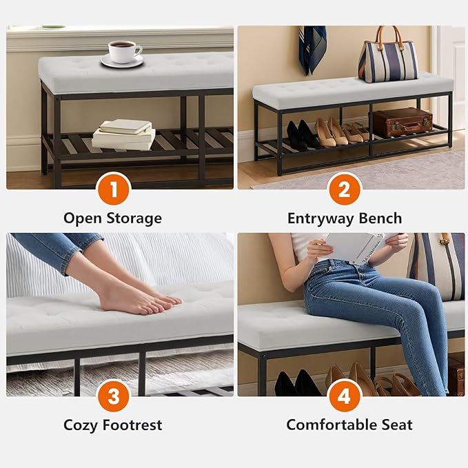 Rectangular Upholstered Tufted Linen Ottoman Storage Bench, Large Footrest Ottoman with Iron Base, White End of Bed Bench for Entryway, Living Room, Bedroom