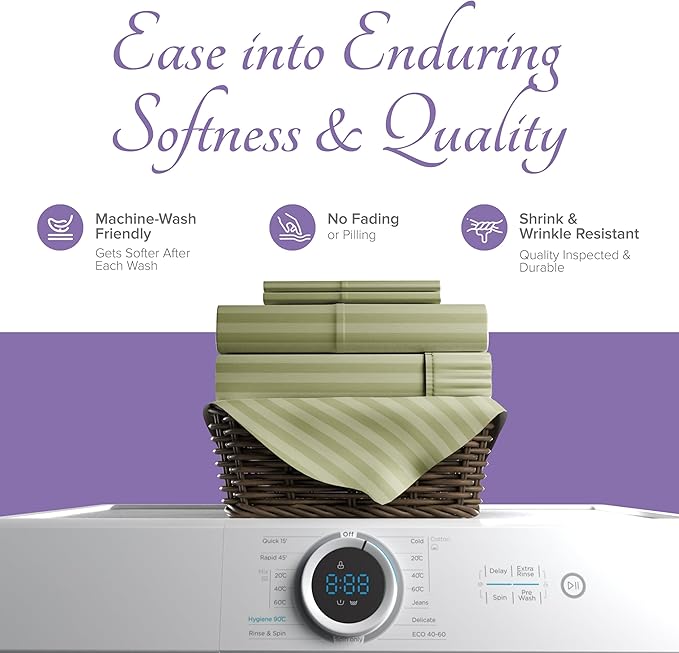 Carressa Linen Luxury Egyptian Cotton Queen Stripe Sheet Set - 600 Thread Count Extra Long Staple 4 PC Set, Herb Garden Queen Damask Sheets, Soft, Cooling Sateen Weave Sheets Upto 18 in Deep Pocket