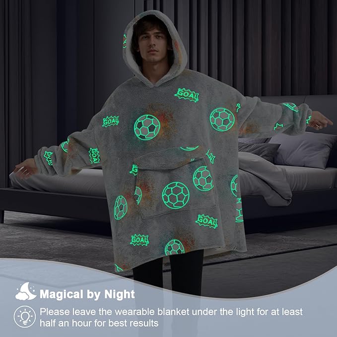 Glow in The Dark Football Wearable Blanket Hoodie for Adult,Oversized Sherpa Fleece Blanket Hoodie for Women Men,Football