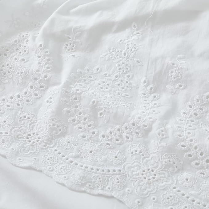 Brandream White Eyelet Bed Skirt Queen Size 100% Cotton Ruffled Dust Ruffle Bed Skirt 18 Inch Drop with Embroidered Floral Design Queen Size Beds