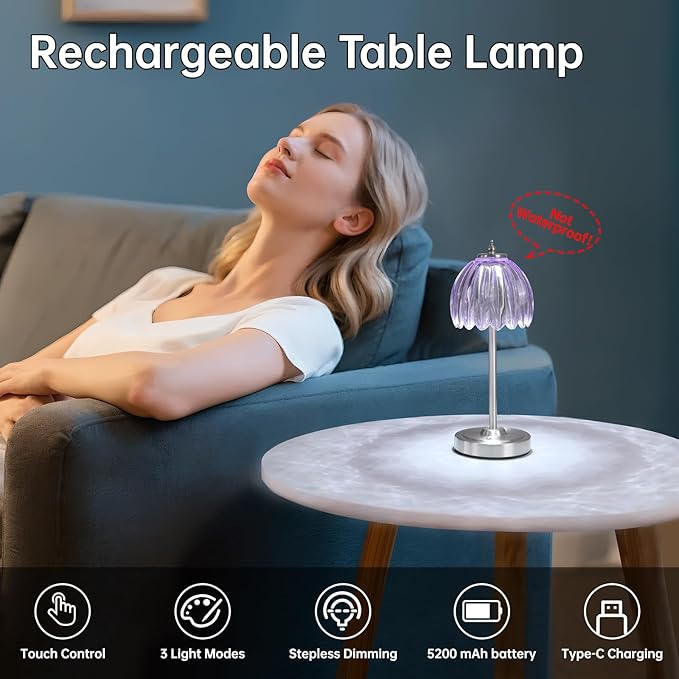 Tulip Table Lamp with 5200mAh Battery & Touch Control, Cordless Small Table Lamp with 3 Colors, Dimmable Rechargeable Table Lamps for Living Room, Bedroom, Desk, Bedside (Clear Purple Tulip)
