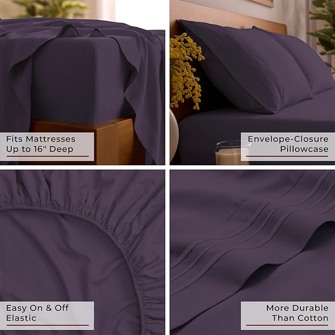 Mellanni King Sheet Set - 6-Piece Iconic Collection Bedding, (Including 4 Pillowcases), 16-Inch Deep Pocket, Easy Care, Extra Soft, Cooling Sheets, Brushed Microfiber - Purple