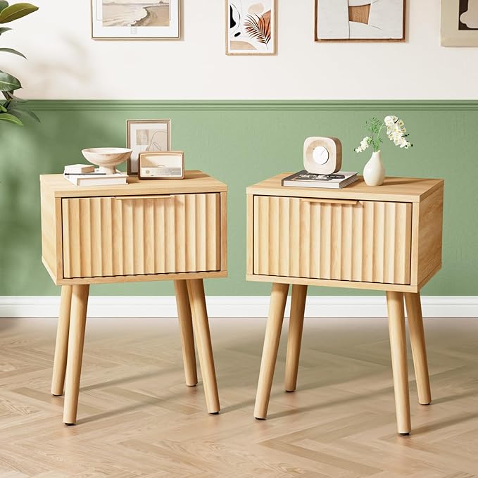 VINGLI Night Stand Set 2, Fluted Nightstands with Drawer, Mid Century Modern Nightstands Set of 2, Bedside Table, End Table, Wood Nightstand for Bedroom, Natural Oak, 15.75" W*11.81" D*21.85" H