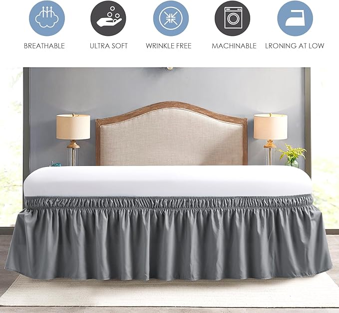 FreshCulture Elastic Wrap Around Bed Skirt - Easy Fit with 18-Inch Tailored Drop, Hotel Quality Dust Ruffle for Full Size Bed (Dark Grey)