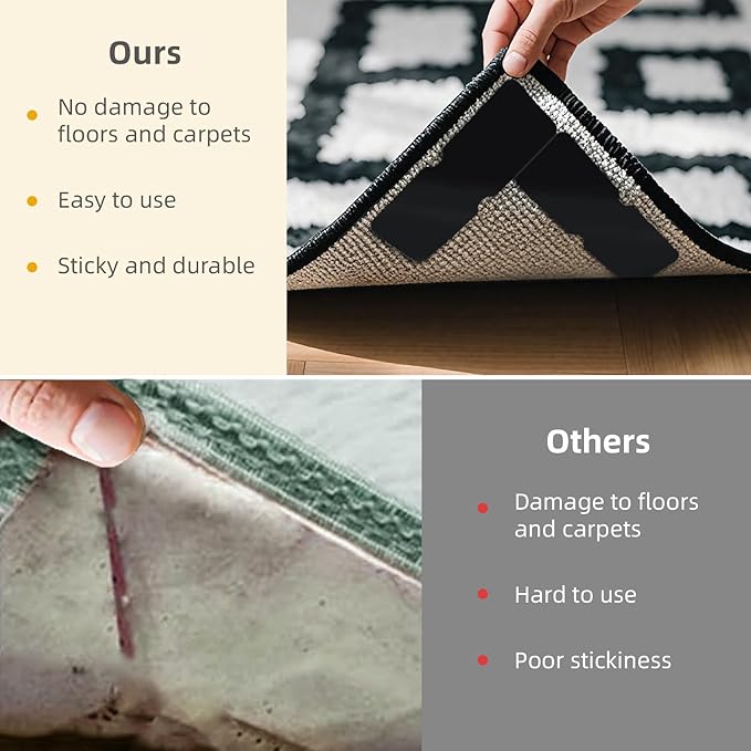 Rug Carpet Non Slip Grippers 8PCS, Reusable Double Sided Rug Pads Corner Gripper Tape for Area Rugs on Hardwood Floors, Strong Adhesive No Damage Removable Carpet Stickers