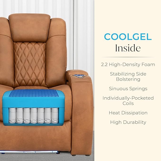 Seatcraft Diamante Zero-Gravity CoolZero Italian Leather Home Theater Seating, Power Headrest, Power Recline, Row of 3 Right Loveseat, Tawny