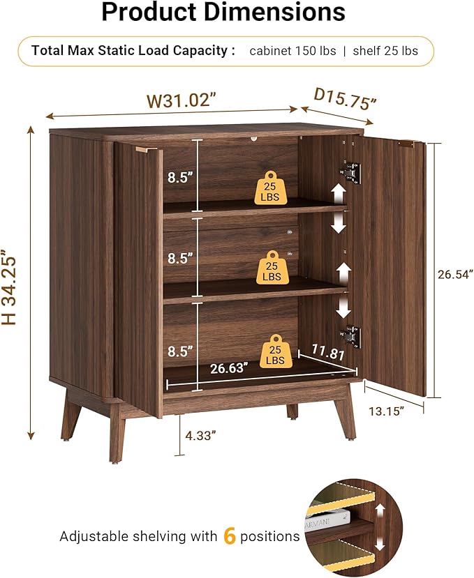 Sideboard Cabinet, Small Buffet Cabinet, Modern Fluted Storage Cabinet with Adjustable Shelf & Doors, Accent Credenza Sideboard for Kitchen, Coffee Bar, Living Room, Entryway, Hallway