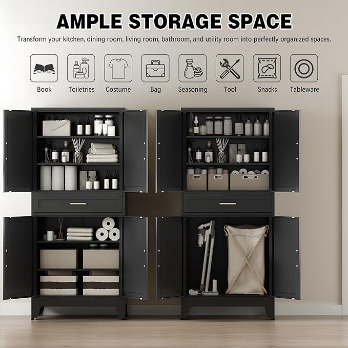 COFaR 71" Tall Metal Storage Cabinet with 4 Doors and 4 Adjustable Shelves, 6-Tier Farmhouse Storage Cabinet with Drawers and Legs, for Office, Home, Garage, Gym, School, Living Room, Hallway（Black）