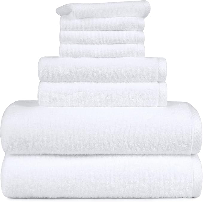 Amazon Basics 100% Cotton Soft Quick-Dry Bath Towel Set, 8-Piece, White, 10" x 7" (Pack of 6)