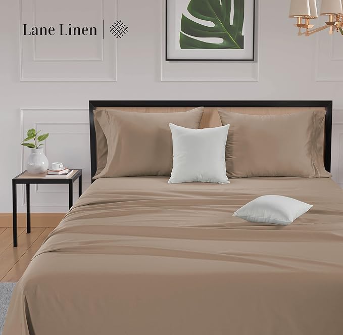 LANE LINEN 600 Thread Count 100% Mercerized Cotton Twin Sheets Set - Soft & Comfy Bed Sheets Set, Mercerized Cotton Sheets Set Twin Size, 15" Deep Pocket Twin Bedding Sheets & Pillowcases Set - Taupe