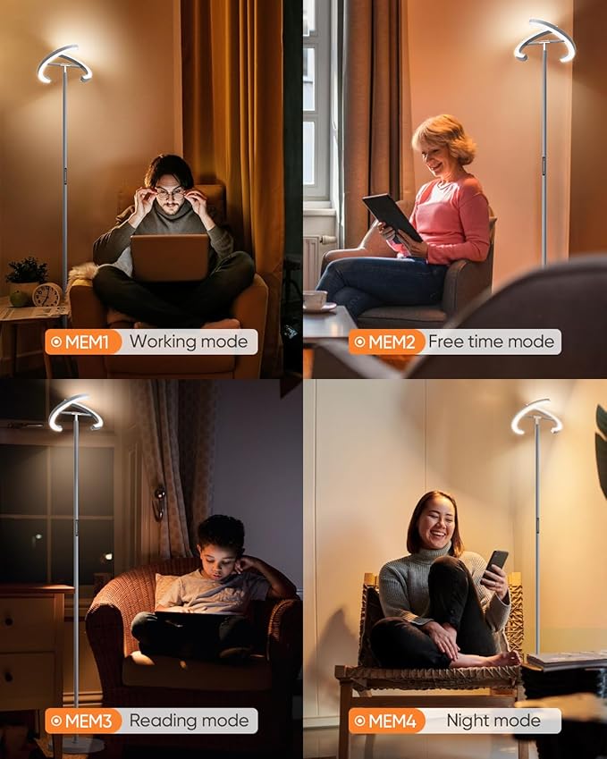 Silver Floor Lamps for Living Room, Stepless Dimmable Standing Lamp with Touch Remote Control, 22W Rotatable LED Floor Light Tall Uplighter for Bedroom Office, 69'' Modern Room Light