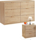 LEYAOYAO Fluted Dresser and Nightstand Sets, Wood 48" Wide Dresser & 23" Night Stand with Charging Station, 2 Piece Bedroom Furniture Set, Chest of Drawers for Bedroom, Home, Living Room,Wood