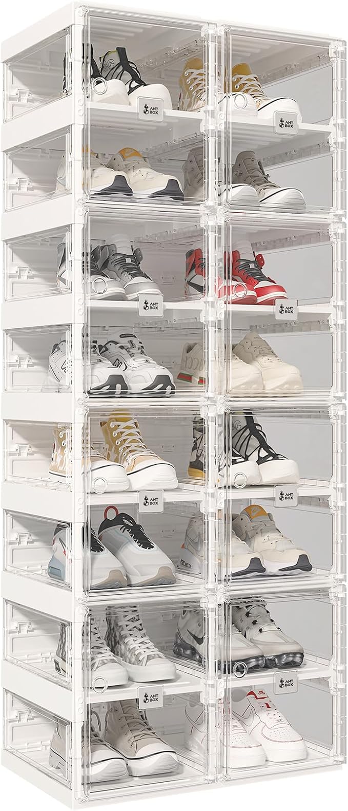 ANTBOX Foldable Shoe Rack,Shoe Organizers for Closet Plastic Shoe Storage Box Space Saving for Entryway, Large Sturdy Stackable Sneaker Cabinet Bins with Magnetic Clear Door 8 Tiers 16 Pairs