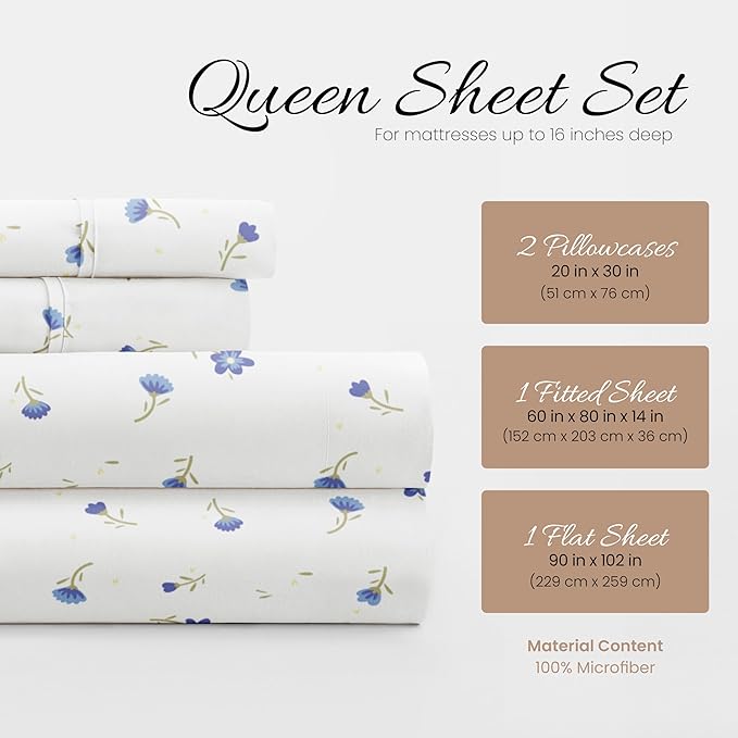 Linen Market Double-Brushed Patterned Microfiber Queen Sheet Set 4 Piece – Oeko-TEX Certified Ultra Soft & Wrinkle-Free - 16" Deep Pocket Sheets - Easy Care Queen Size - Soft Floral Light Blue