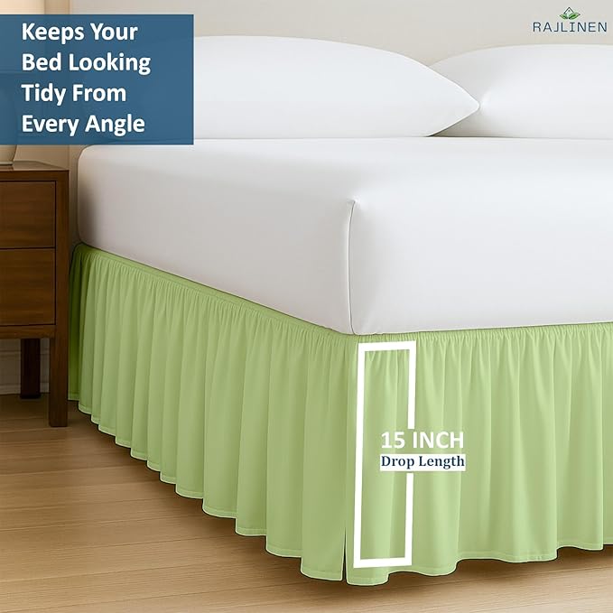 Rajlinen Ruffled Bed Skirt King, 15 Inch Drop Dust Ruffle with Split Corners, 100% Microfiber Bedskirt with Platform, Three-Sided Coverage Ruffled Gathering Design, Sage