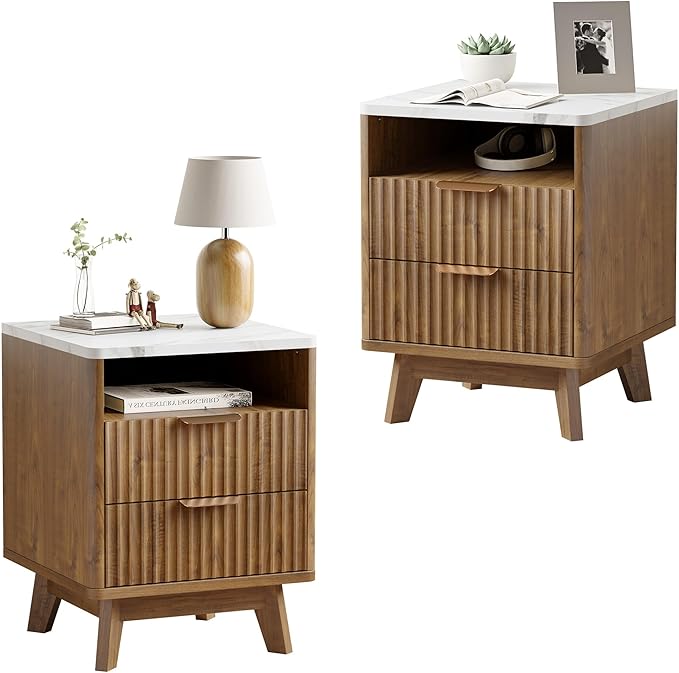 Fluted Nightstand with 2 Drawers, 18" Modern Night Stand with Faux Marble Top, Open Storage Shelf, Curved Edge Bedside Table for Bedroom, End Side Table (2, Walnut)