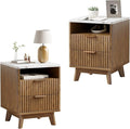 Fluted Nightstand with 2 Drawers, 18" Modern Night Stand with Faux Marble Top, Open Storage Shelf, Curved Edge Bedside Table for Bedroom, End Side Table (2, Walnut)